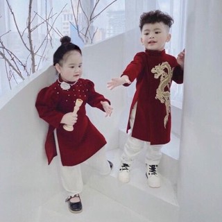 Áo dài cách tân nhung đỏ cho bé