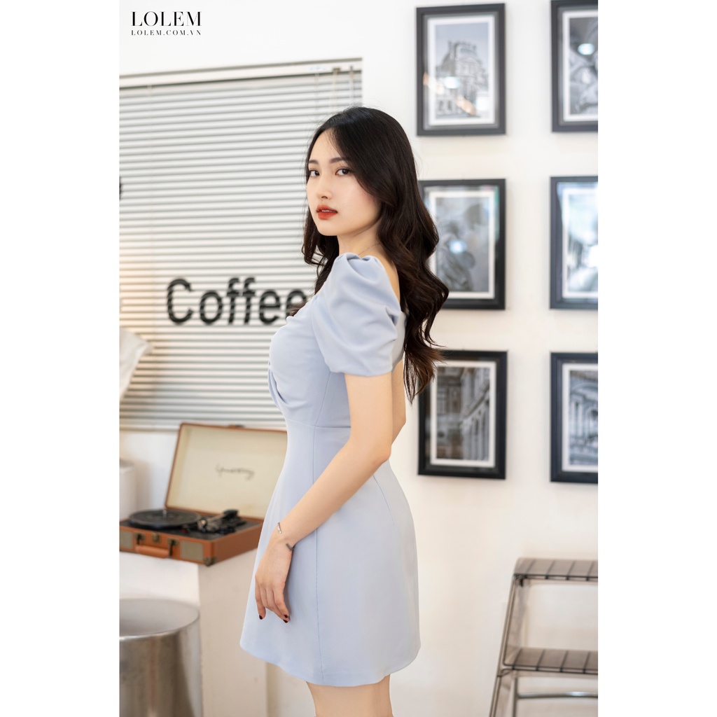 Đầm chữ A cổ vuông LOLEM DX348 xếp ngực vải sạn tổ ong nhẹ chống nhăn