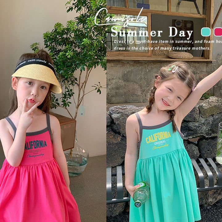 Đầm Công Chúa Hai Dây Màu Trơn Thời Trang Mùa Hè Hàn Quốc Mới Cho Bé Gái