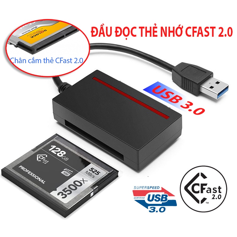 Đầu đọc thẻ nhớ máy ảnh, máy quay phim CFAST 2.0 sang USB 3.0 tốc độ cao