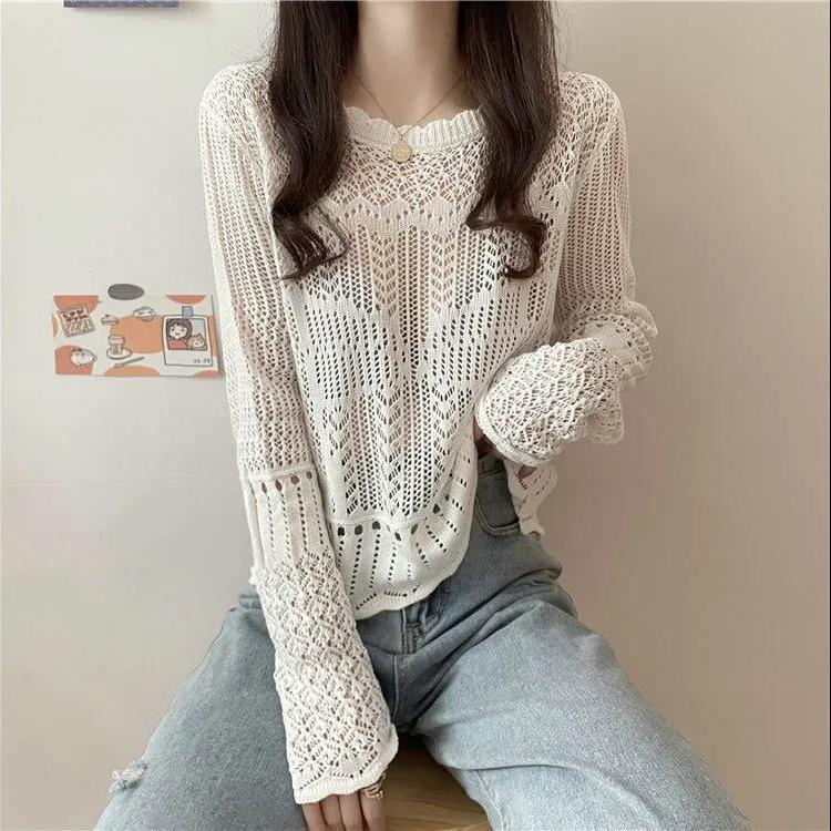 Áo Dệt Kim Tay Dài Khoét Lỗ Thời Trang Xuân Hè Phong Cách Mới Cho Nữ