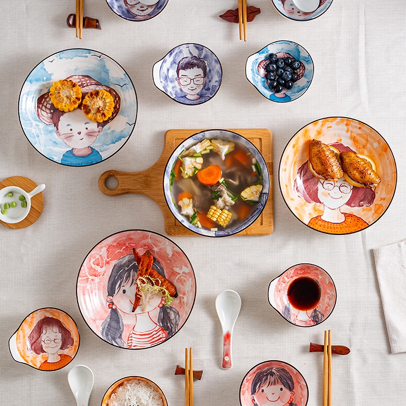 Bát gốm vẽ tay gia đình hạnh phúc phong cách Nhật Bản (hàng nhập khẩu cao cấp)
