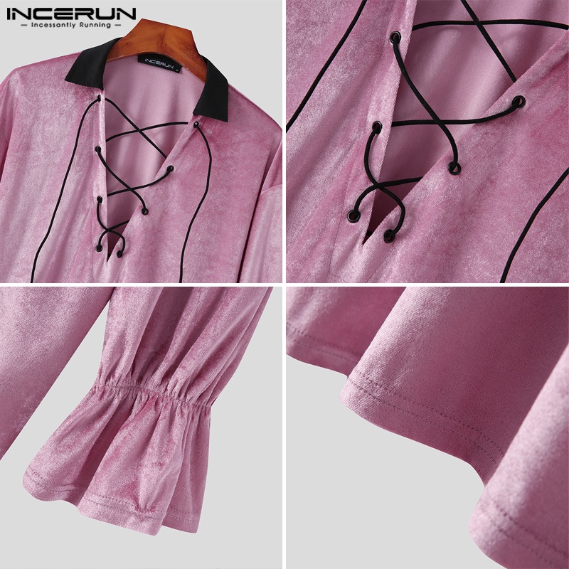 Áo thun INCERUN dài tay cổ chữ V thắt dây cho nam