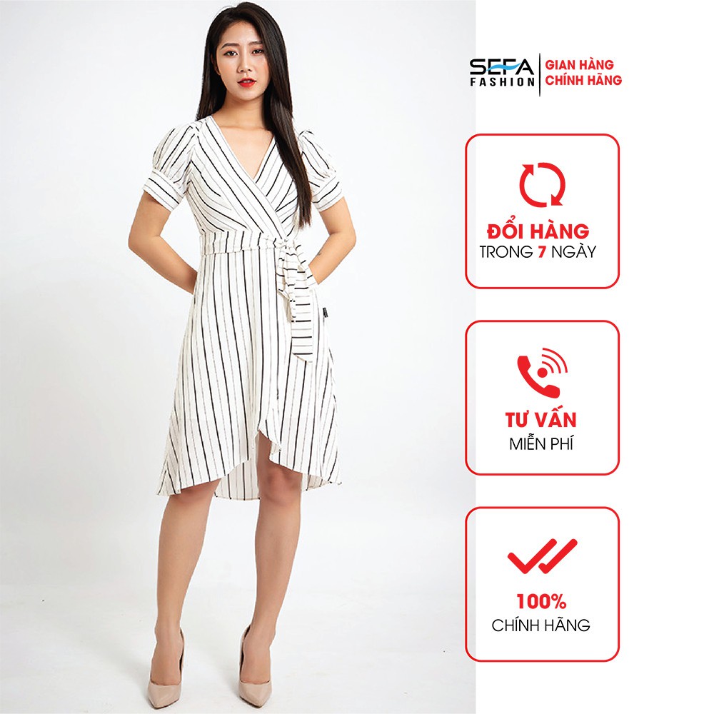 Đầm kẻ trắng đen tay bồng Sefa SFT3029