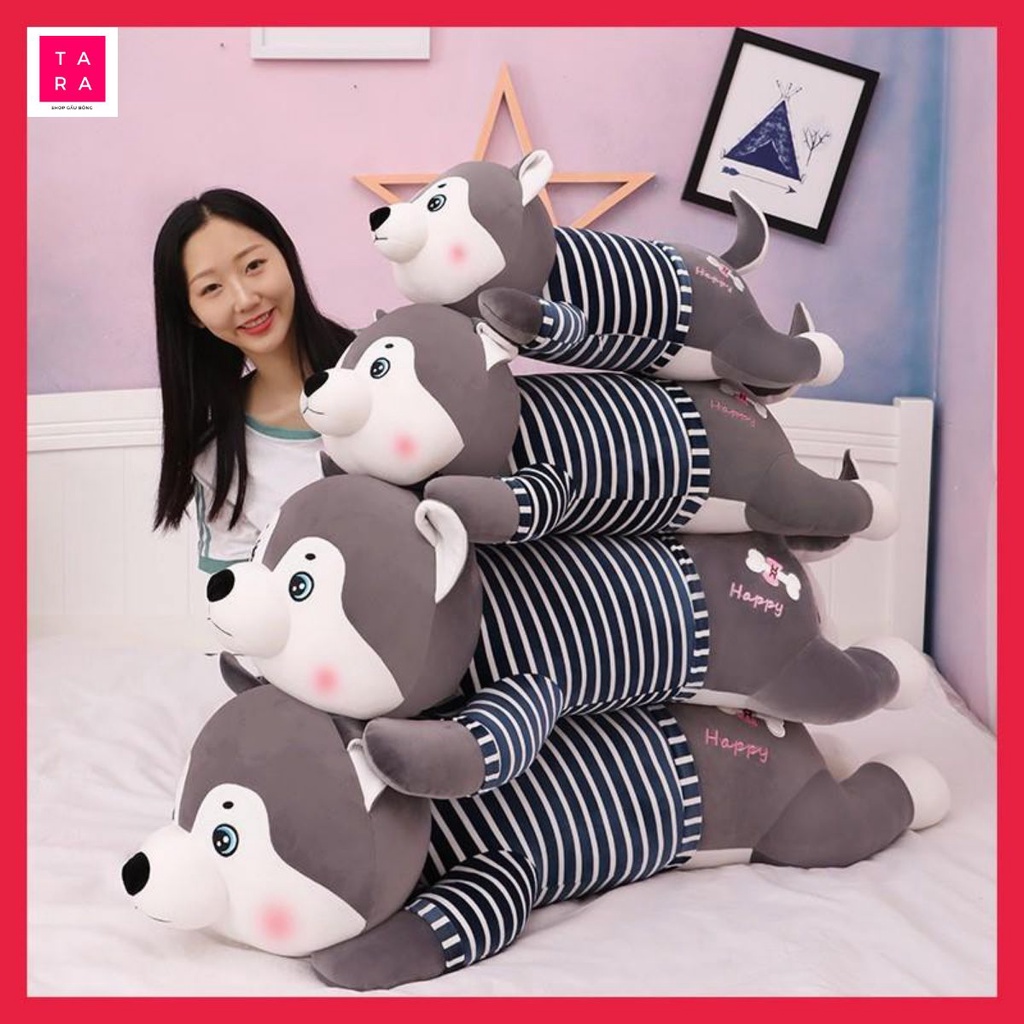 Gấu bông ,Chó bông husky áo kẻ happy vải co dãn 4 chiều tiêu chuẩn miniso