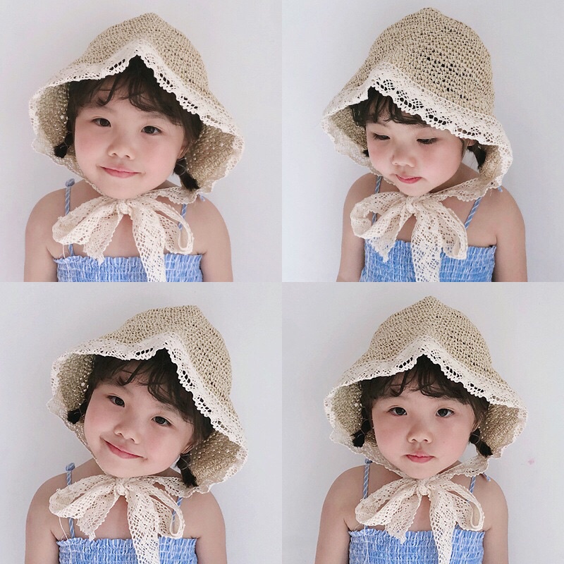Mũ nón cói vành phối ren cực xinh cho bé