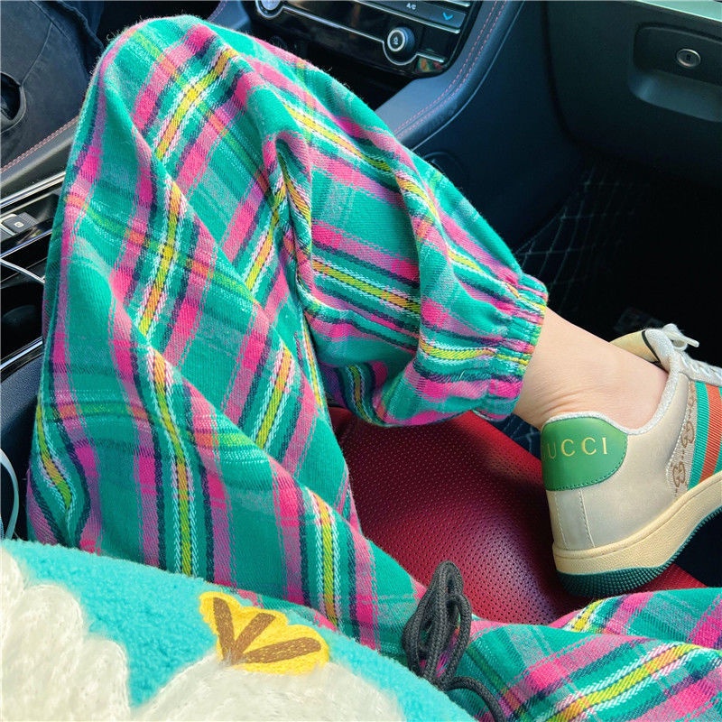 Jiashucheng Quần Dài Dáng Rộng Cỡ Lớn Họa Tiết Sọc Caro Thời Trang Trẻ Trung