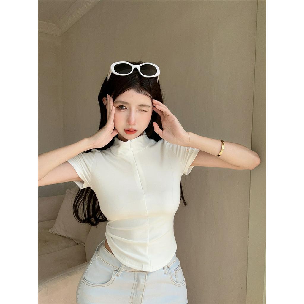 Ethelgirl Áo Croptop Tay Ngắn Có Khóa Kéo Thời Trang Quyến Rũ Cho Nữ