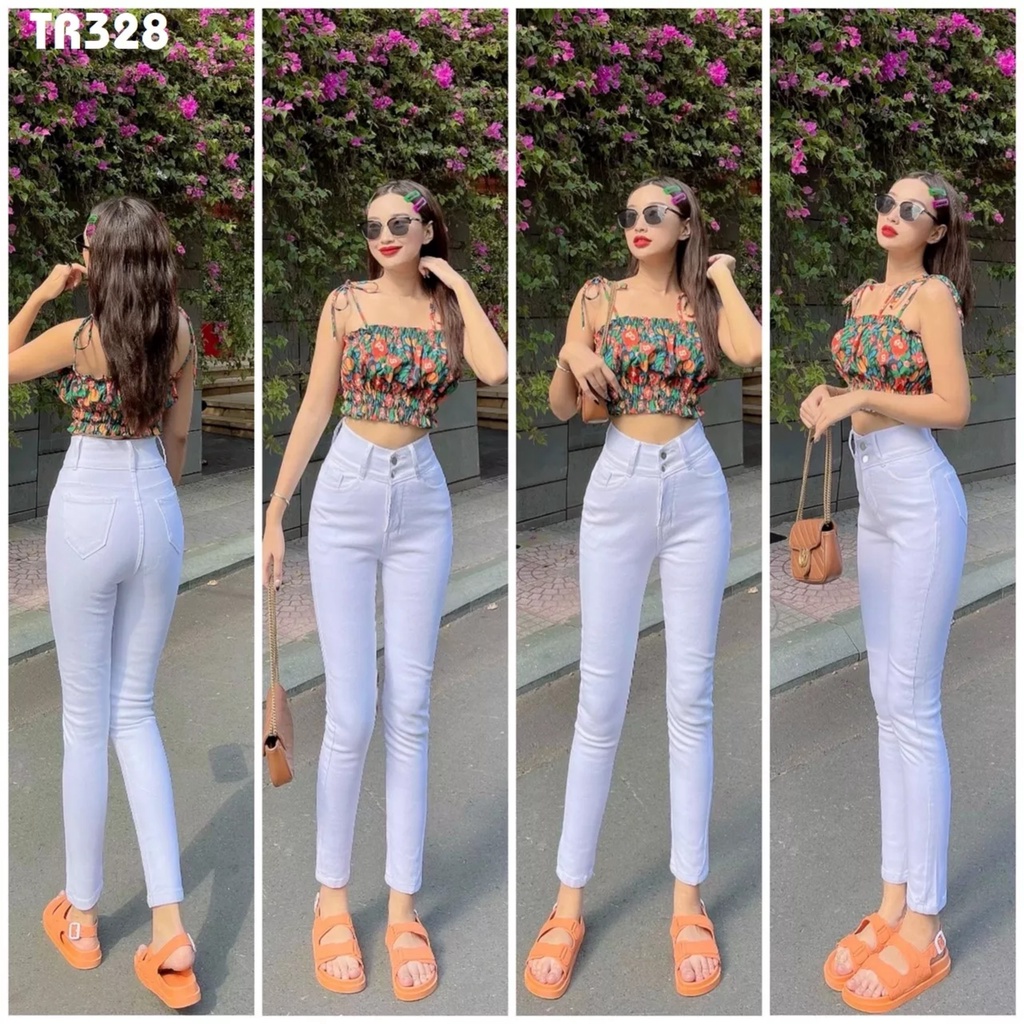 [38-65kg] Quần Jean Nữ Trắng Hàng Co Giãn 2 Nút Lưng Cao Ảnh Thật