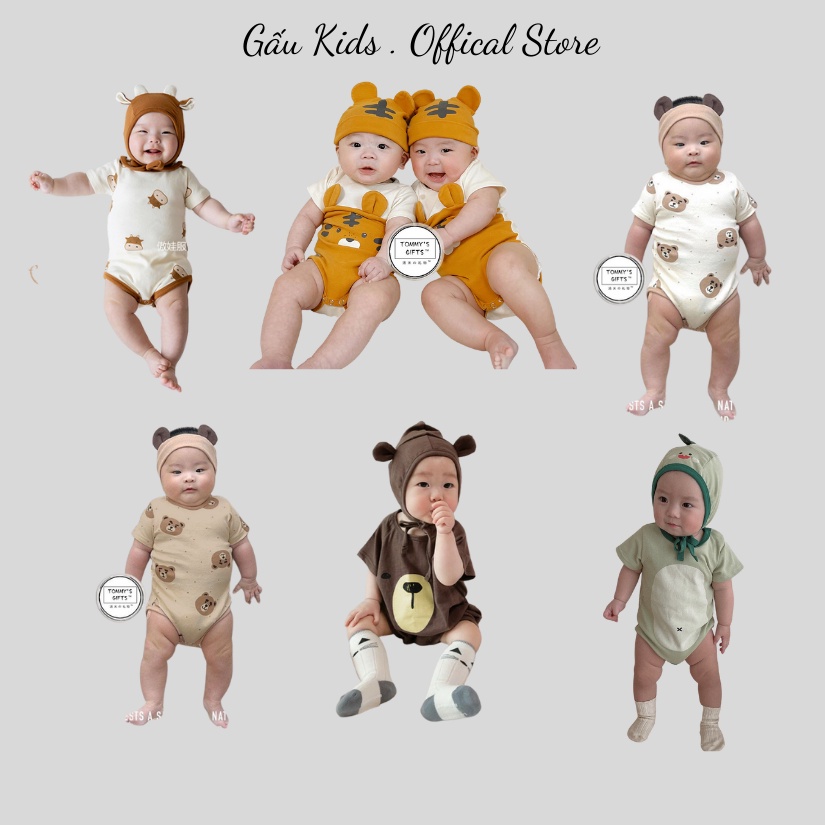 Bộ liền quần tay ngắn chất cotton 100% siêu mát cho bé trai bé gái kèm mũ TE17
