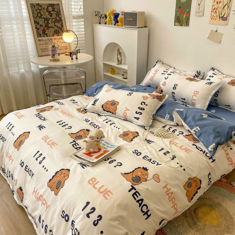 Bộ Chăn Ga Gối Khủng Long Học Chữ Cotton Poly