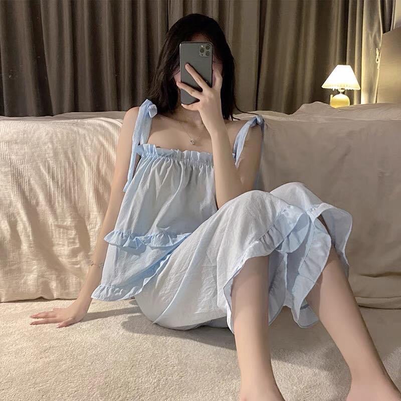 Đồ Ngủ_ Đồ Bộ Nữ Mặc Nhà Chất Mát 2 Dây Thắt Nơ Viền Bèo Quảng Châu