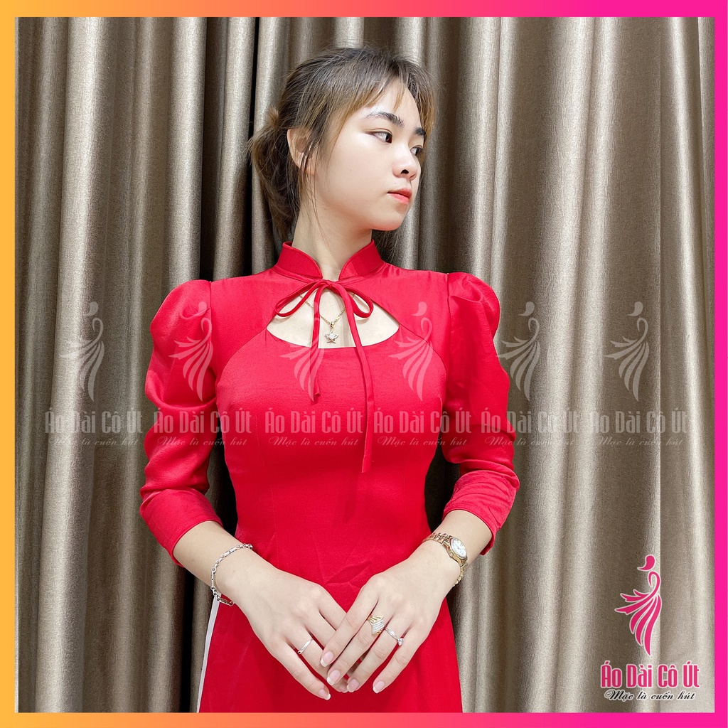 Áo Dài Truyền Thống Cổ Cột Nơ Lụa Tây Thi Tay Phồng Hàng May Sẵn