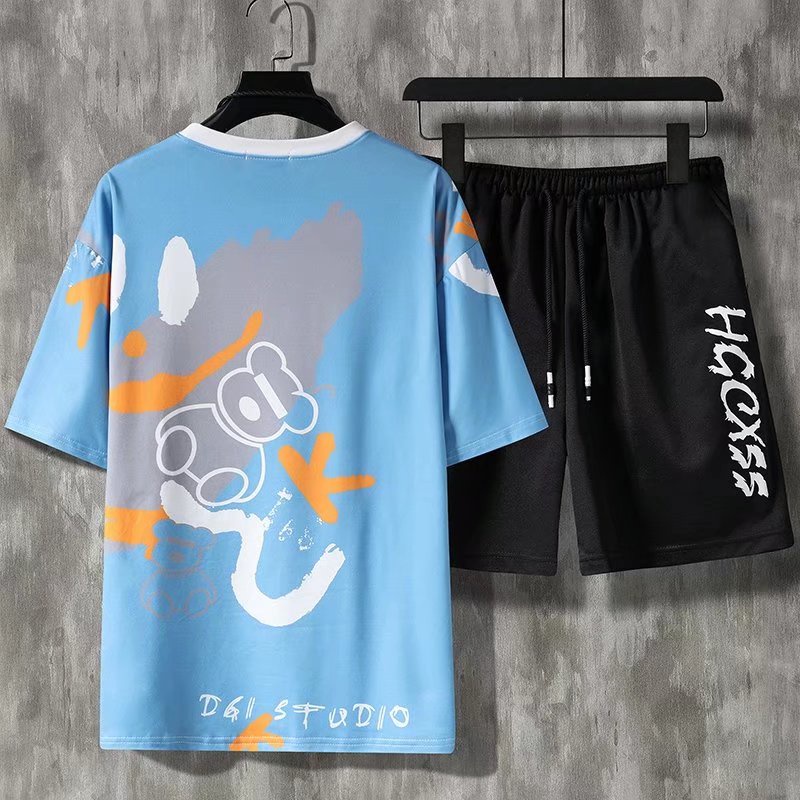 Round Neck Short Sleeve T-shirt Set + Men's Fashion Shorts Summer Suit Korean Cartoon Print Design Casual