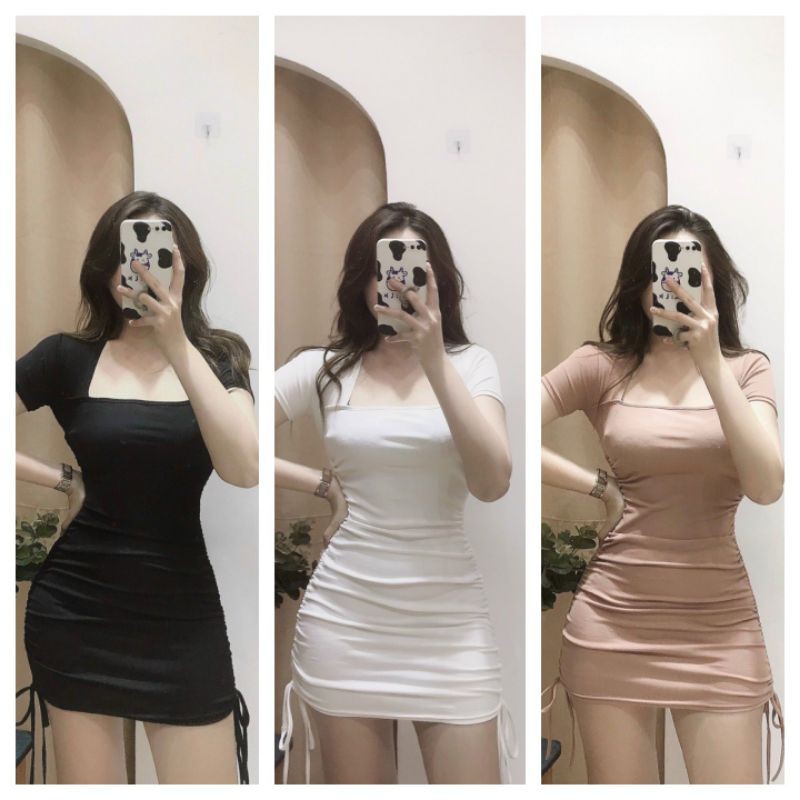 Váy ôm body cổ vuông dây rút sườn ngắn tay