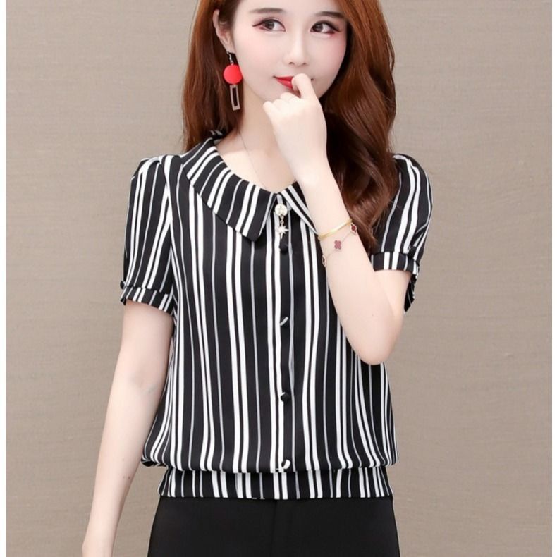 Áo Sơ Mi Chiffon Tay Ngắn Họa Tiết Kẻ Sọc Thời Trang Mùa Hè Phong Cách Hàn Quốc Cho Nữ