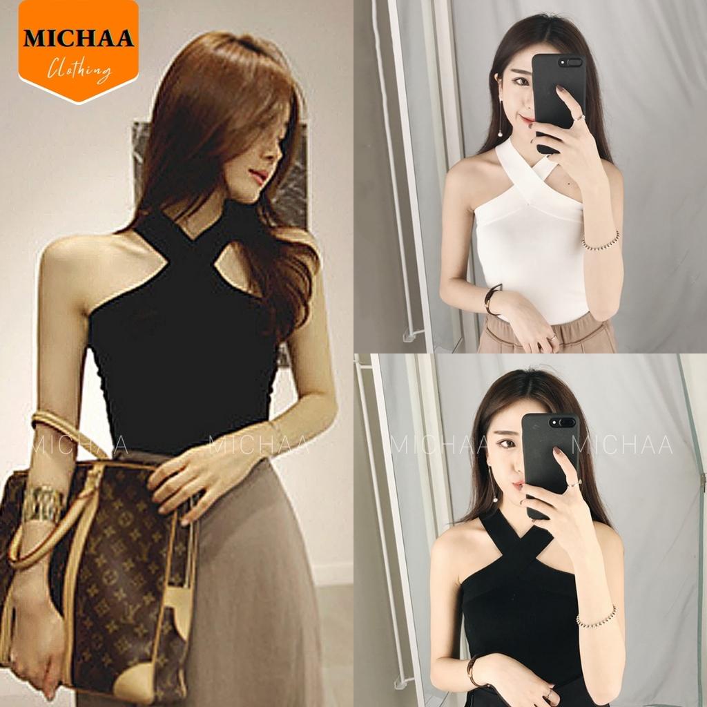 Áo Croptop YẾM 2 DÂY ĐẮP CHÉO BẢN TO Nữ Thun Gân, Áo Chéo Cổ - MICHAA