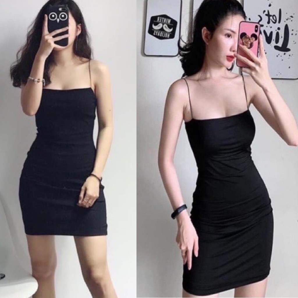 Váy Đen Body Hai Dây Ôm Eo Cá Tính Cho Nữ 💚 Đầm Body Hai Dây Chất Siêu Co Giãn Cho Nữ