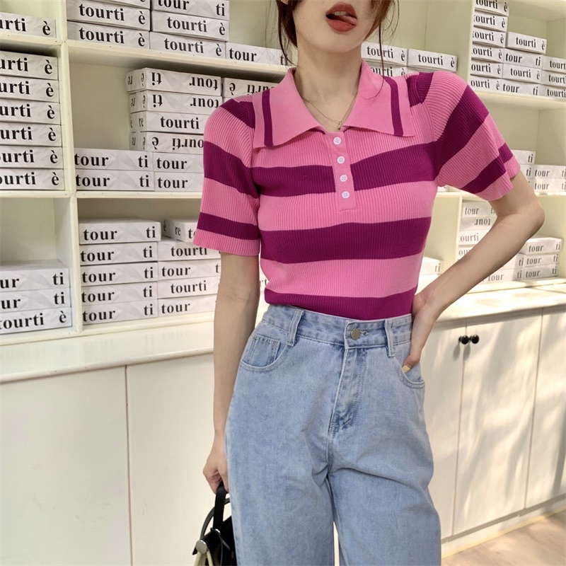 Áo Mông Tơ Ghi kẻ cổ polo