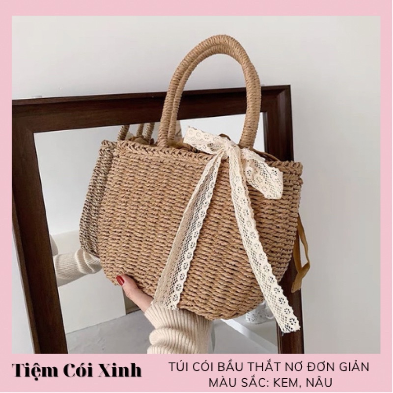 Túi Xách Cói Đi Biển Vintage Dáng Bầu Cho Bạn Nữ Dễ Thương