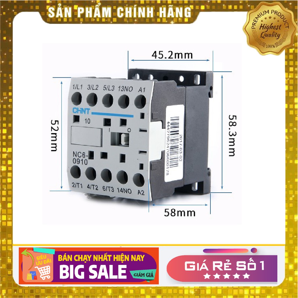 Khởi động từ mini, công tắc tơ mini, công tắc tơ cuộn hút ngang không tiếng ồn CHINT 9A - coil 220V,Mini Contactor