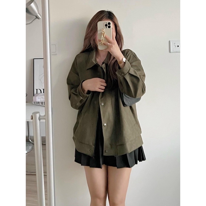 Áo khoác bomber da lộn nữ form rộng cúc bấm style Hàn Quốc