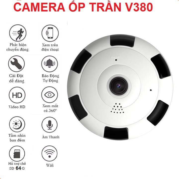 Camera không dây Ốp Trần V380 PRO Góc Rộng 360, không dây, xem toàn cảnh 360 độ.