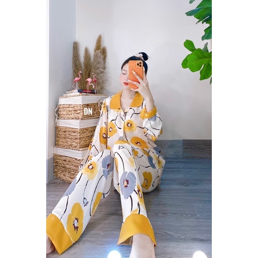Bộ Pizama mặc nhà cổ sen 2 lá lụa cao cấpBộ Ngủ lụa tay dài quần dài hoạ tiết sang trọng mát [HÀNG CHUẨN] [ẢNH THẬT