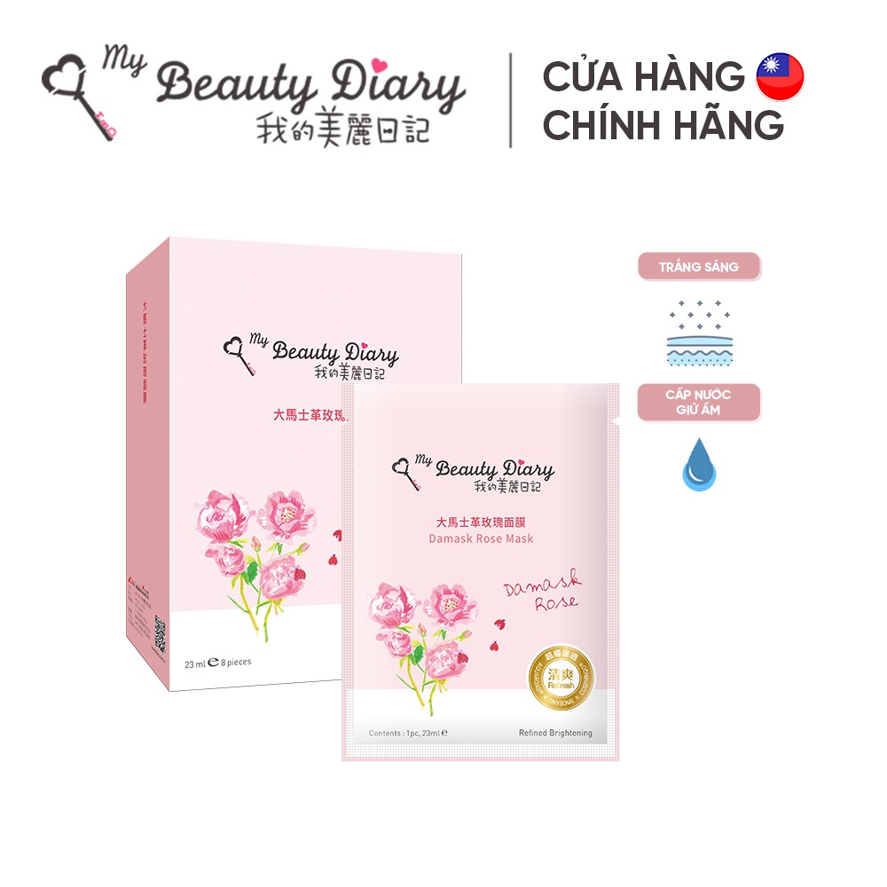 Hộp 8 miếng mặt nạ dưỡng ẩm và sáng da My Beauty Diary Taiwan Damask Rose Mask Hoa hồng 23ml/Miếng