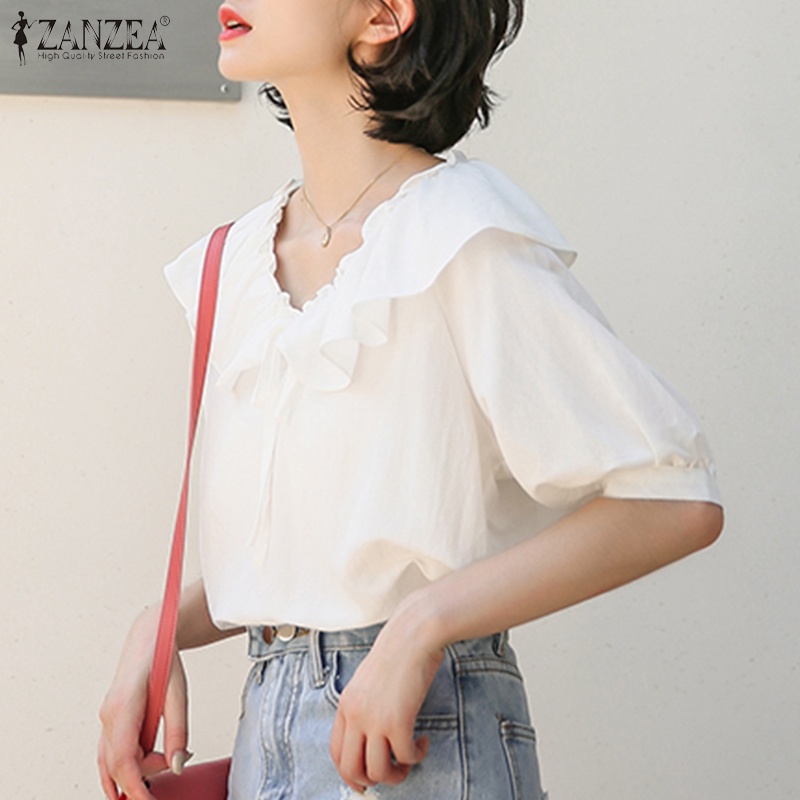 Áo Kiểu Cổ Chữ V Tay Lỡ Phối Bèo Thời Trang Cho Nữ ZANZEA