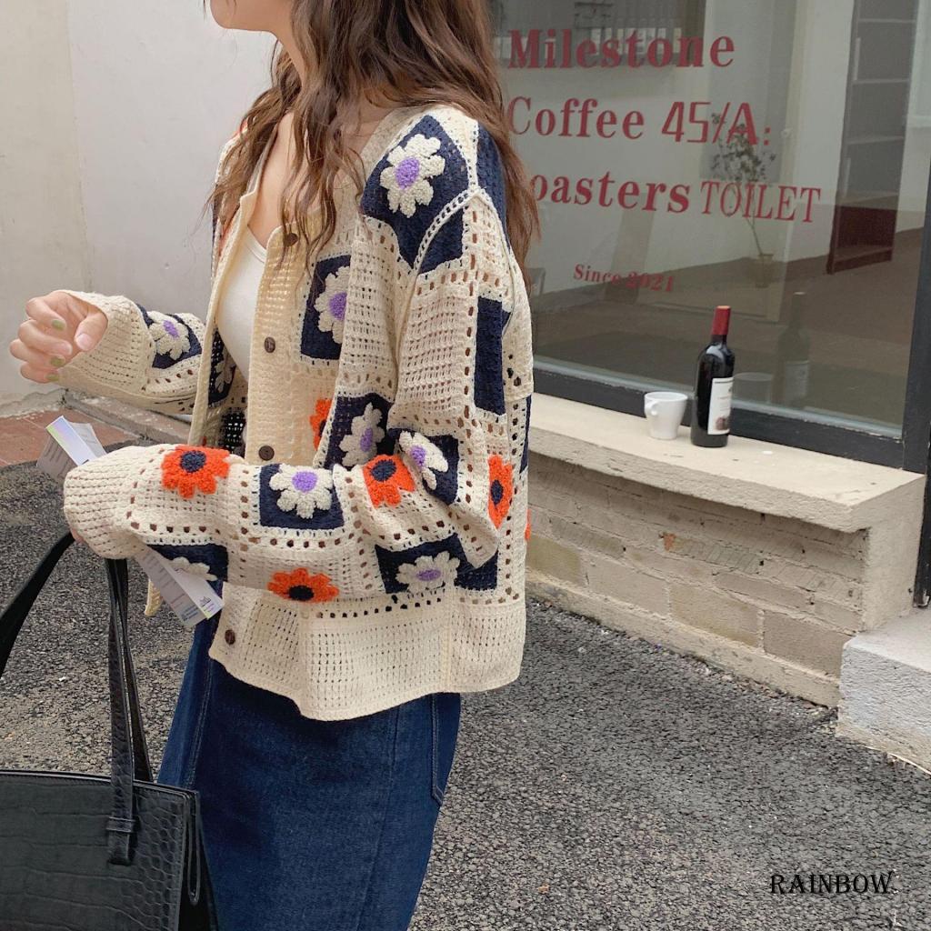 Áo Khoác Cardigan Dệt Kim Tay Dài Cài Nút Họa Tiết Hoa Màu Cầu Vồng Dễ Thương