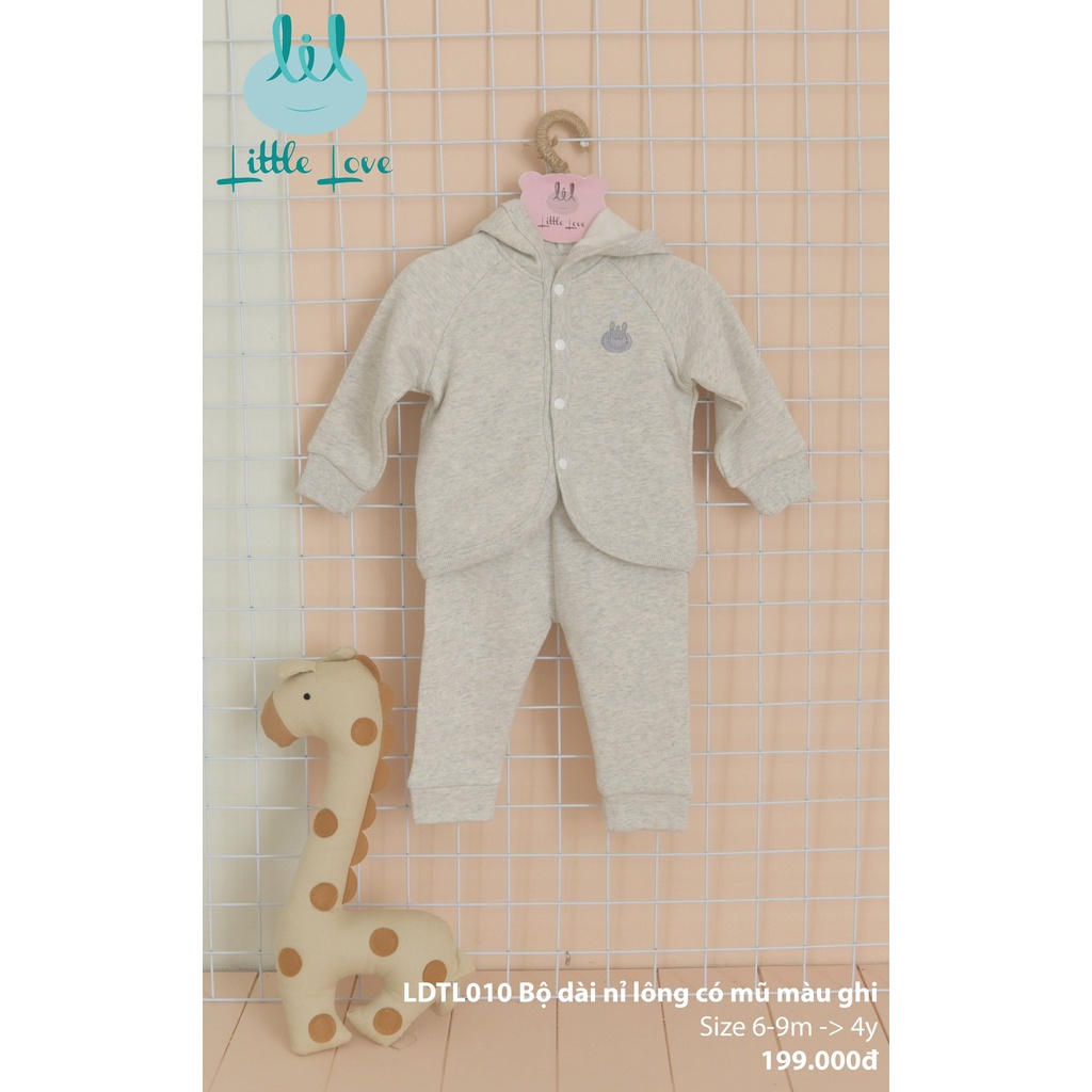 Bộ quần áo dài tay nỉ lông có mũ cho trẻ từ 6m đến 4y little love (LDTL01)