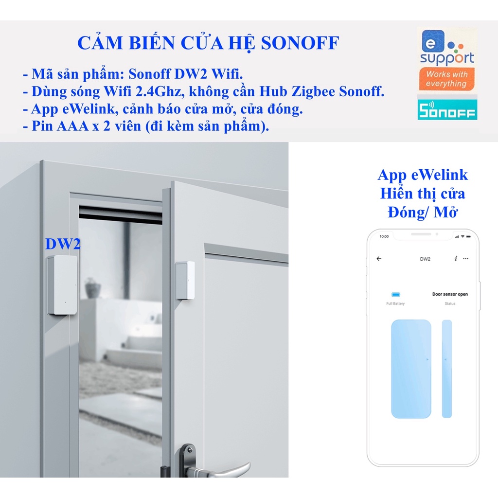 Cảm biến cửa Sonoff DW2 kết nối Wifi, App eWelink, GoogleAssistant, Alexa, Home Assistant.