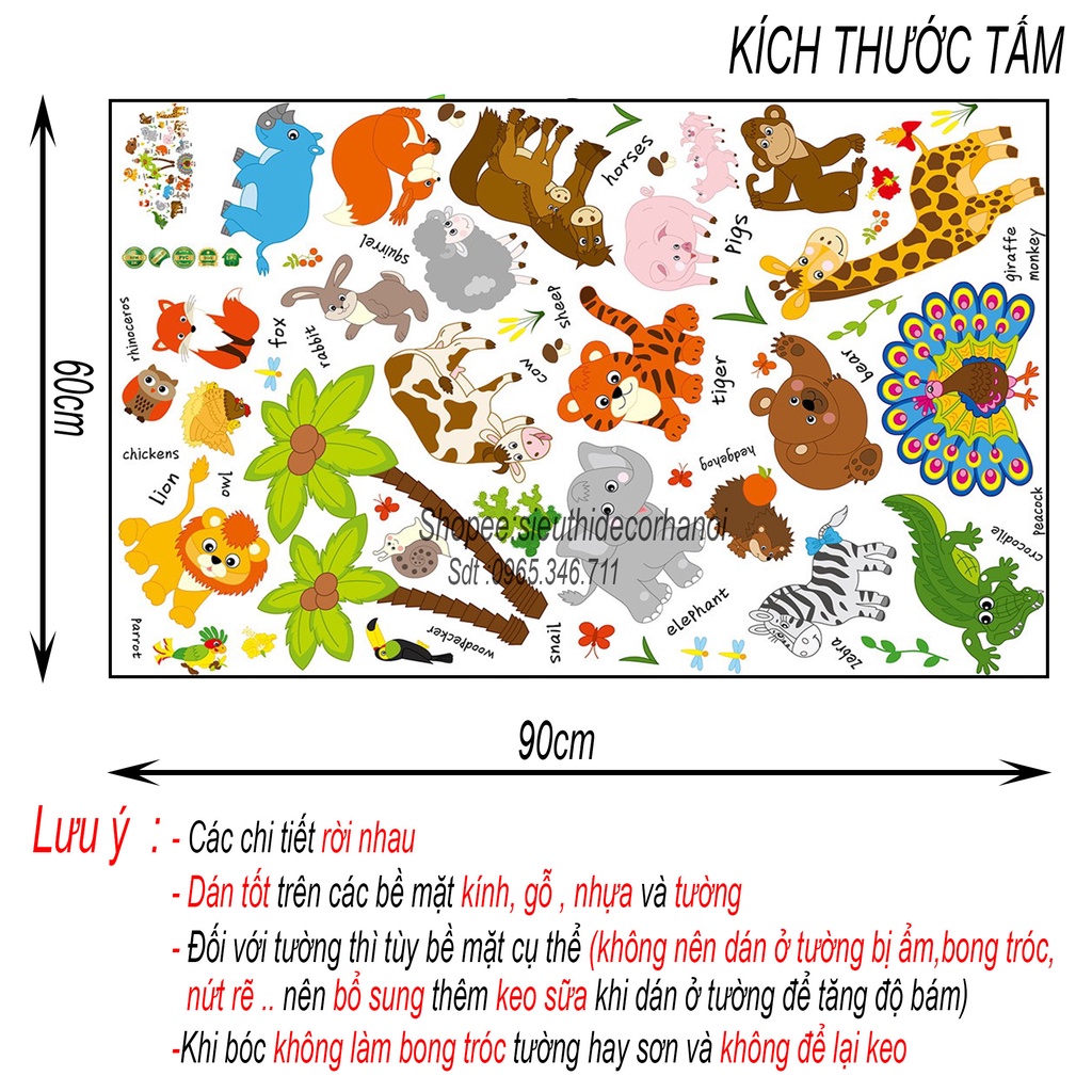 Decal dán tường Hình Các Con Vật Dán Tường Cho Bé . Đề can dán tường trang trí phòng ngủ