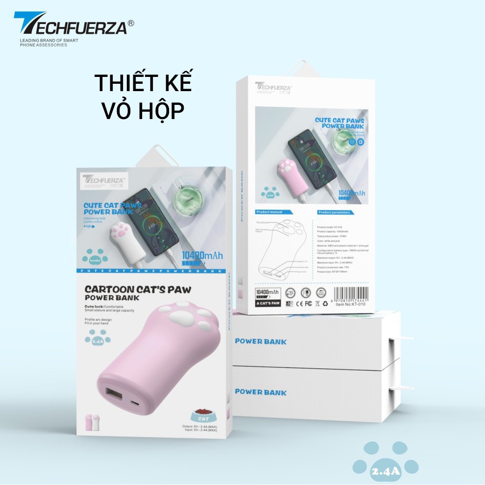 [Chính hãng BH1:1] ✅Sạc Dự Phòng 10400maAh KT010 TECHFUERZA Tay Mèo Mini SẠC NHANH 2.4A | BigBuy360 - bigbuy360.vn