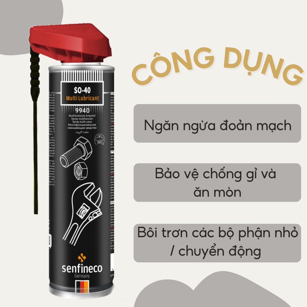 Dầu xịt bôi trơn làm sạch bảo vệ bề mặt, cửa kính ô tô Senfineco 9940 SO40 Multi Lubricant Smart dung tích 400ml