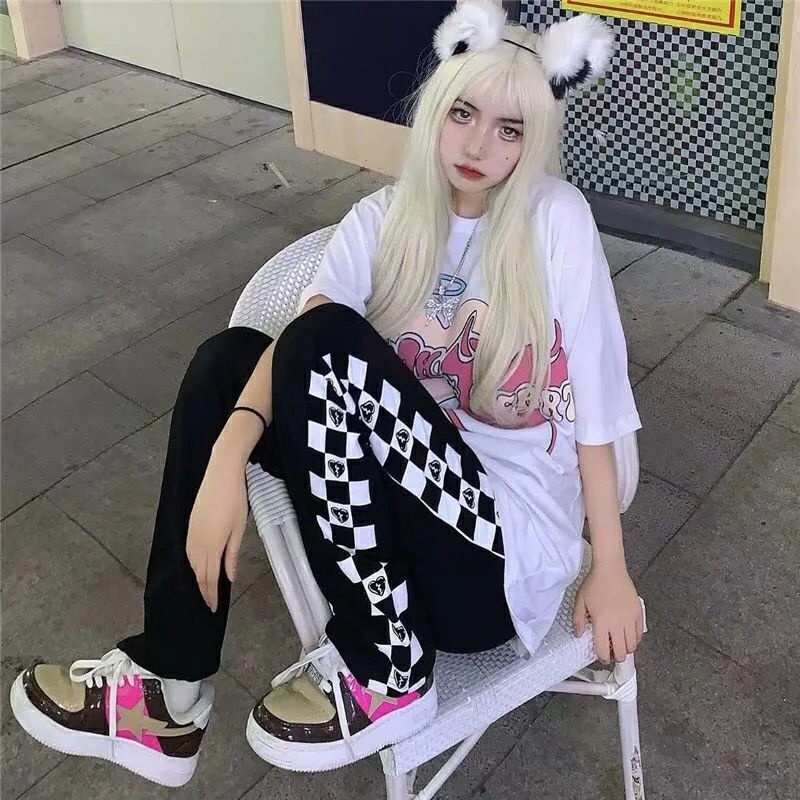 COZOK Quần thể thao ống rộng họa tiết bàn cờ