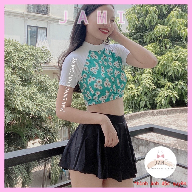 Đồ bơi bikini tay dài hoa cúc xanh ngọc váy cạp cao đi biển - ATD39 | BigBuy360 - bigbuy360.vn