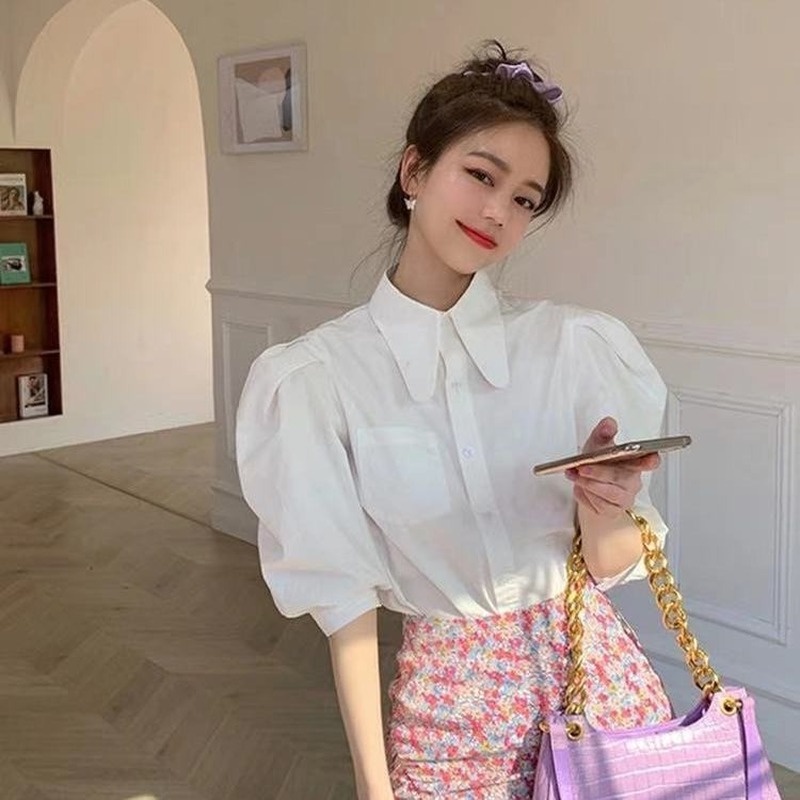 Áo Sơ Mi Ngắn Tay Cổ Búp Bê Phong Cách Cổ Điển Hàn Quốc Cho Nữ