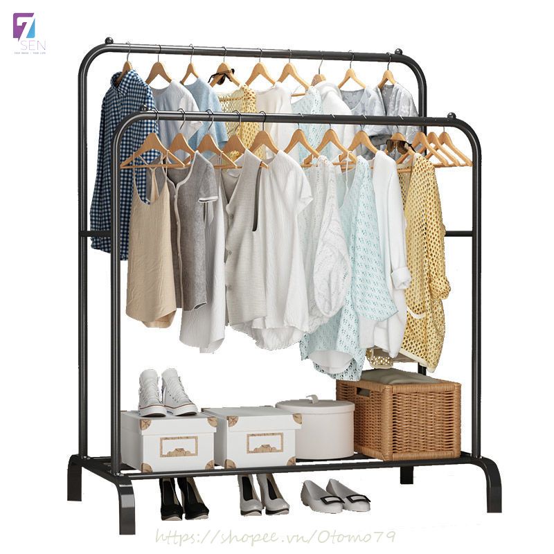 Giá Treo Đồ, Kệ Treo Quần Áo 2 Khung Có Ngăn Để Giày Dép