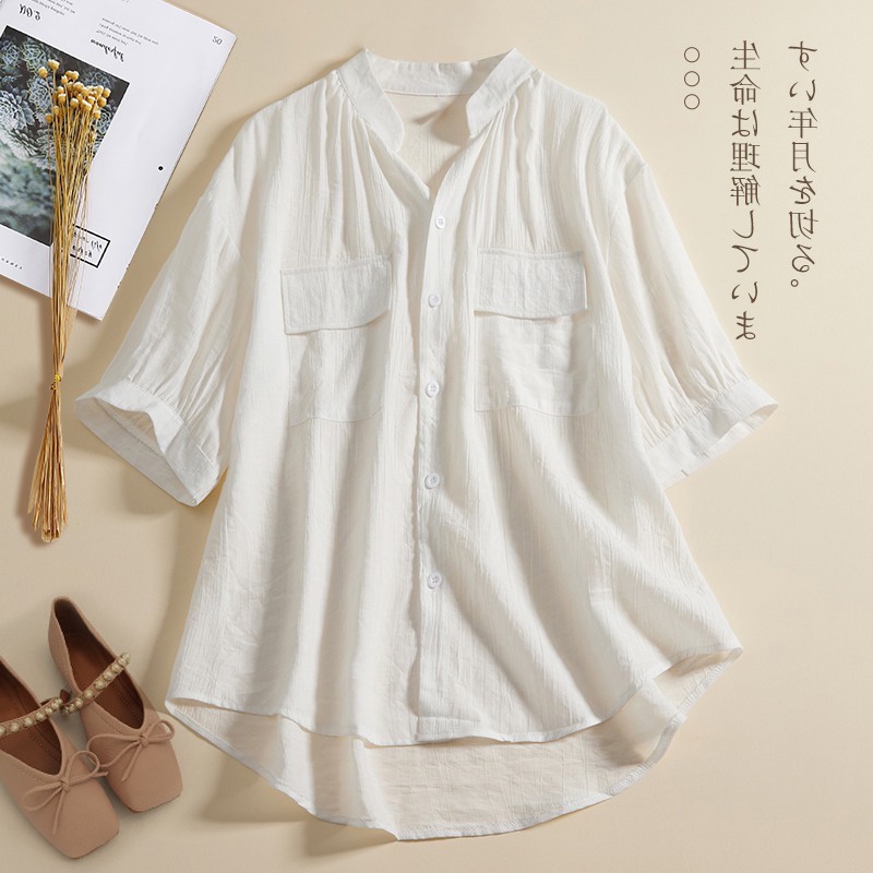 Ice cotton linen short-sleeved shirt thin pleated casual linen blouse cut label mall withdrawal