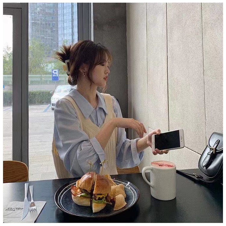 Set áo sơ mi dài tay cổ bẻ + áo len không tay thời trang nữ