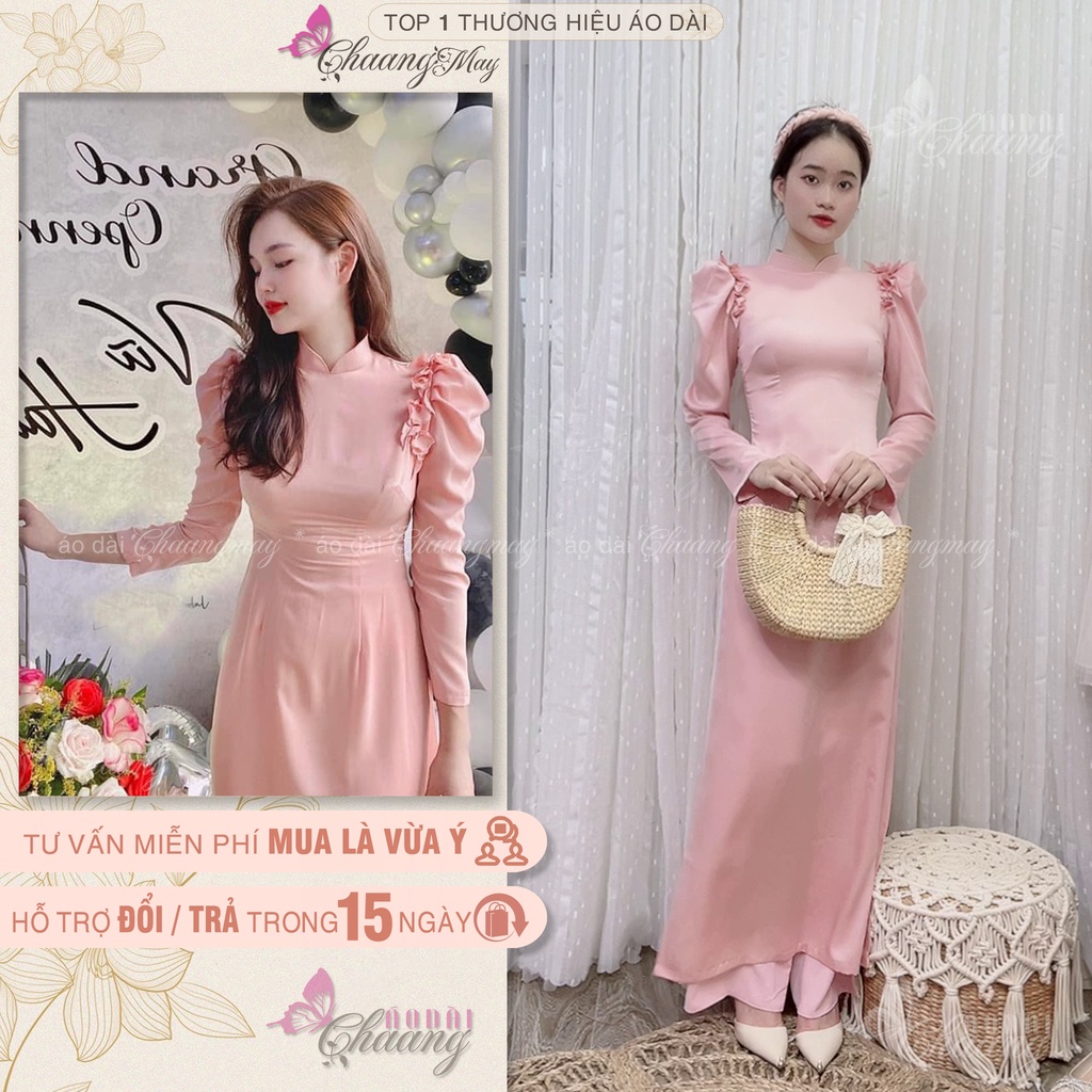 Áo dài truyền thống tay vai bồng phồn glá hoa hồng CHAANG May sẵn lụa ngọc Minh Hằng dự tiệc cưới lễ tết đẹp