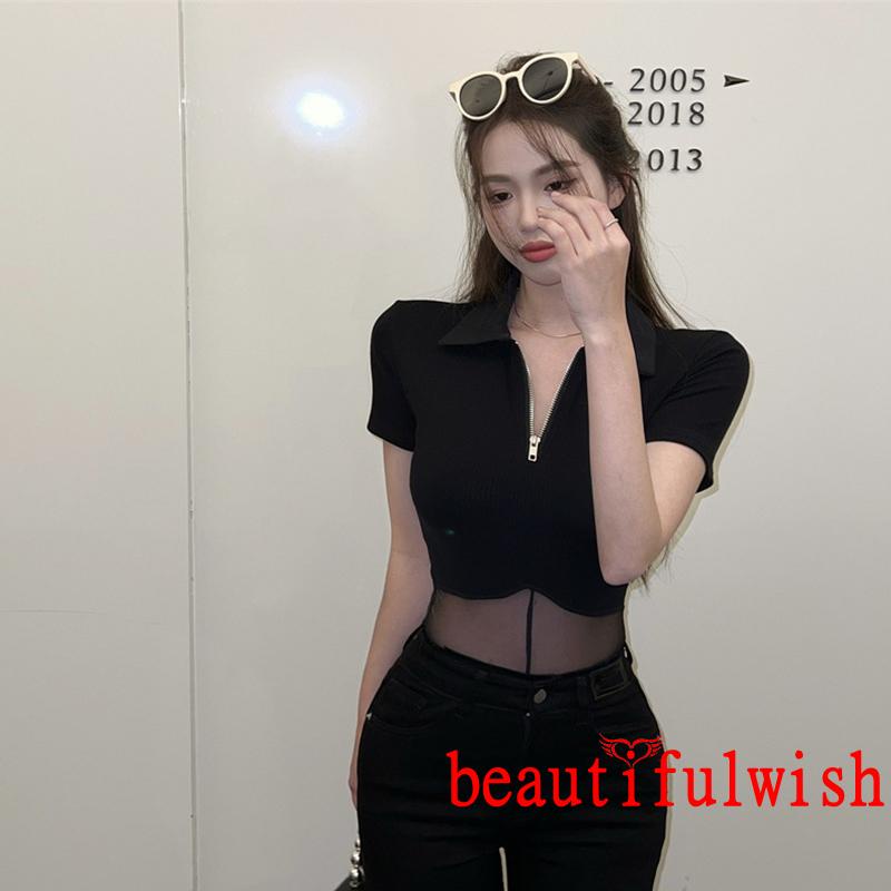 BEAUTIFULWISH-Women Attractive Sheer Bodysuit, Black Solid Color Quarter Zip Turn-down Neckline Romper | BigBuy360 - bigbuy360.vn
