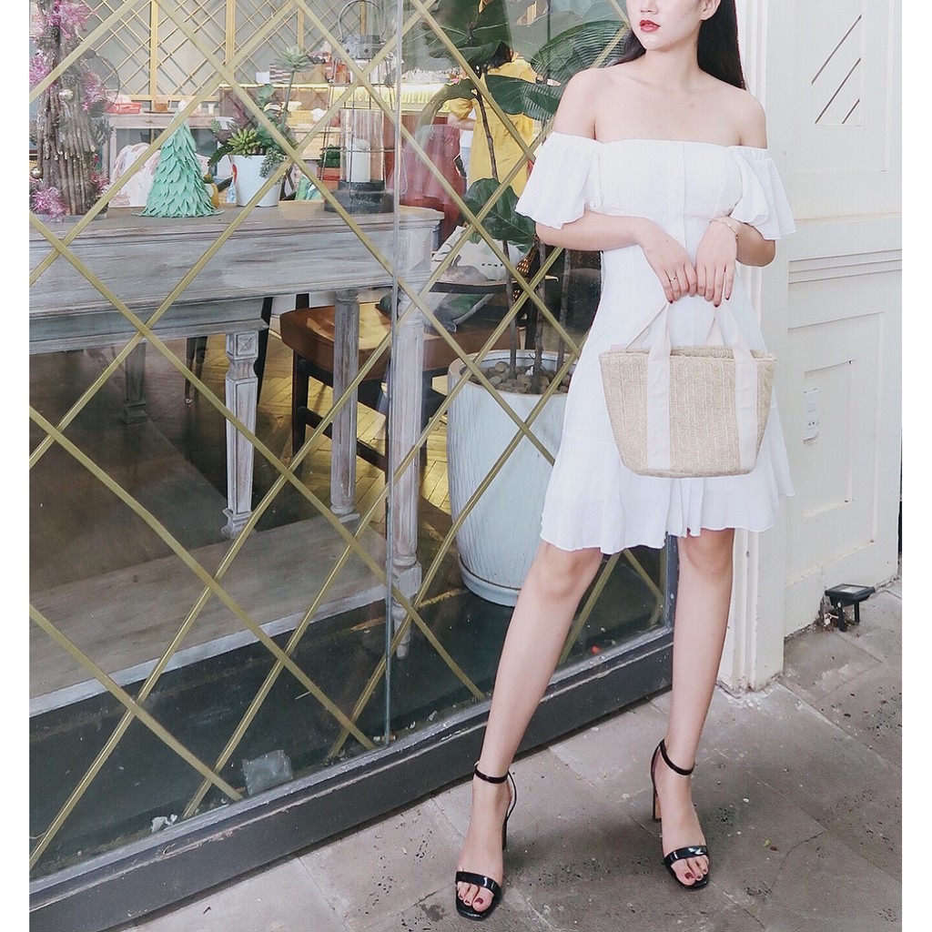 [ẢNH THẬT] Đầm Trễ Vai Tay Bèo Mẫu Mới Cực Đẹp (Trắng+Đen) | BigBuy360 - bigbuy360.vn