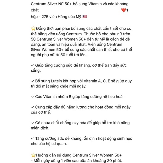 Viên uống Centrum Silver Adults Nữ 50+ 275v 325 viên – Bổ sung Vitamin cho Nam và Nữ trên 50 tuổi