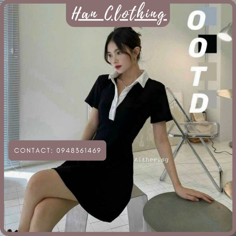 Váy chữ A, đầm polo đen cổ bẻ màu trắng Han siêu đẹp