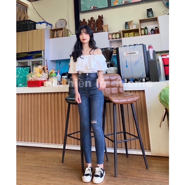 Set Jeans dài co giãn rách 1line + áo bẹt vai bèo