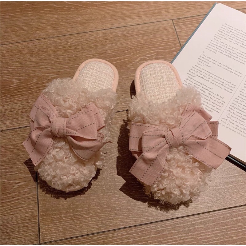 Dép bông tiểu thư gắn nơ đi trong nhà bánh bèo cực đáng yêu kèm ảnh thạt