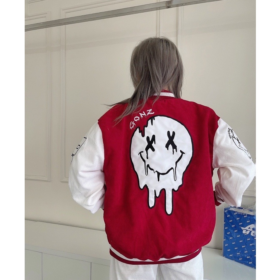 Áo bomber varsity jacket Unisex Form rộng nhung tăm 2 lớp Hình thêu 100%. Áo khoác nam nữ Gonz Bóng chày